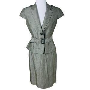 Tahari ASL Petite Size 4P Skirt Suit w/ Belted Blazer Jacket Gray Linen Career